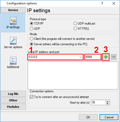 TCP server settings to receive HL7 data