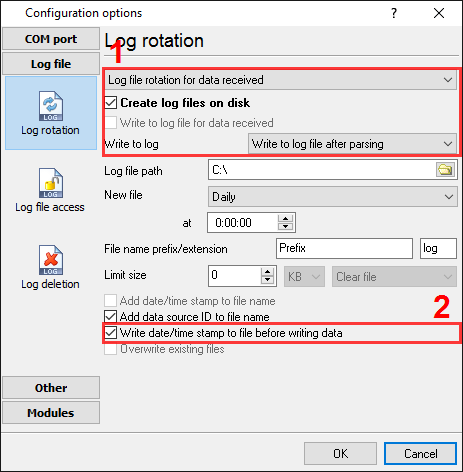 Barcode scanner data logger. The log file settings