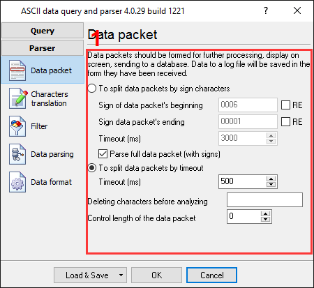 Barcode scanner data logger. Parser configuration window