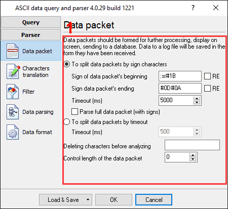 The data parser configuration window.