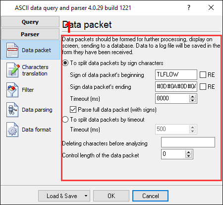 Scales data logger. The parser configuration window