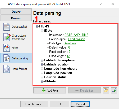 GPS data logger. Parser items