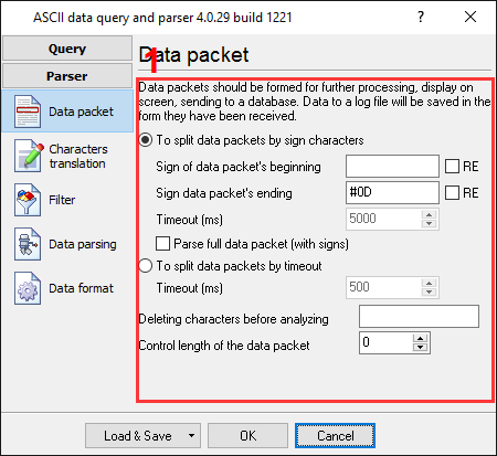 PBX data logger. Parser configuration window