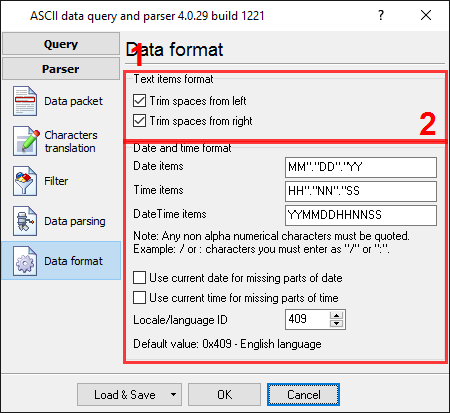 PBX data logger. Format of items