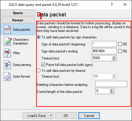 Pressure data logger. Parser configuration window