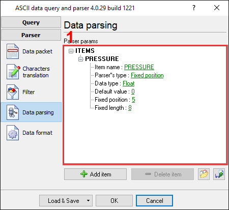 Pressure data logger. Parser items