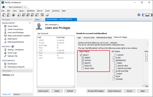 Export to MySQL. User rights