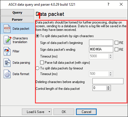 COM2 (scale). The configuration window of the parser