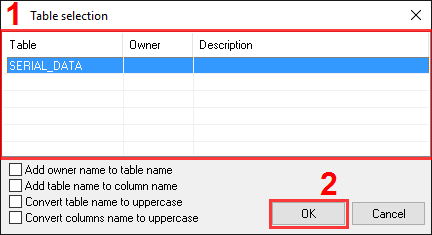 Export to MS Access. ODBC database data logger. Selecting the table