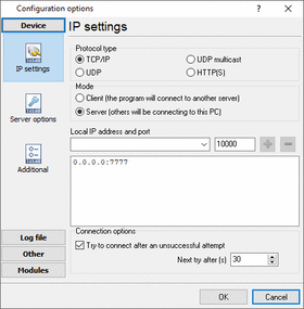 TCP Data Logger. TCP connection settings